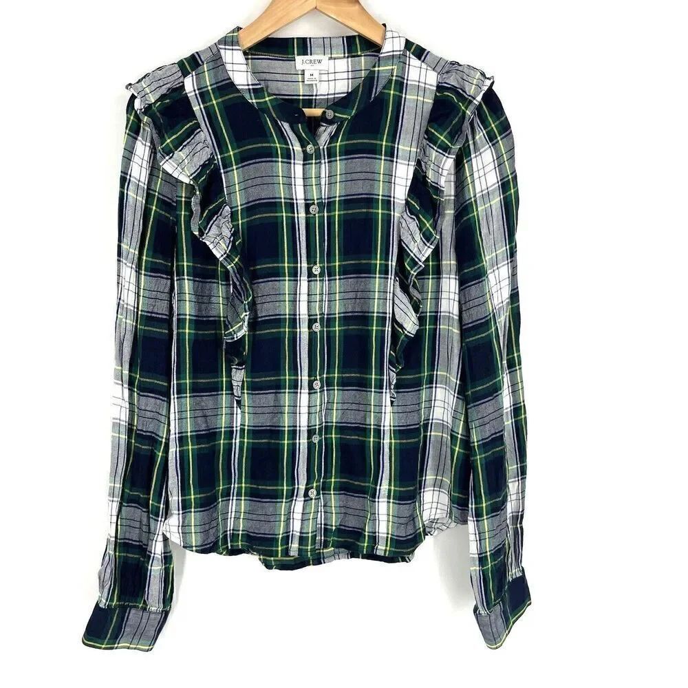 J Crew Top Size Medium Womens Green Navy Ruffle Button Front Long Sleeve Plaid